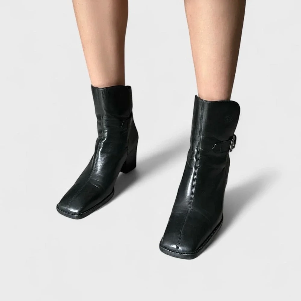Vintage 90s Chanel Black Leather CC Logo Ankle Boots‎ Buckle Moto 36.5